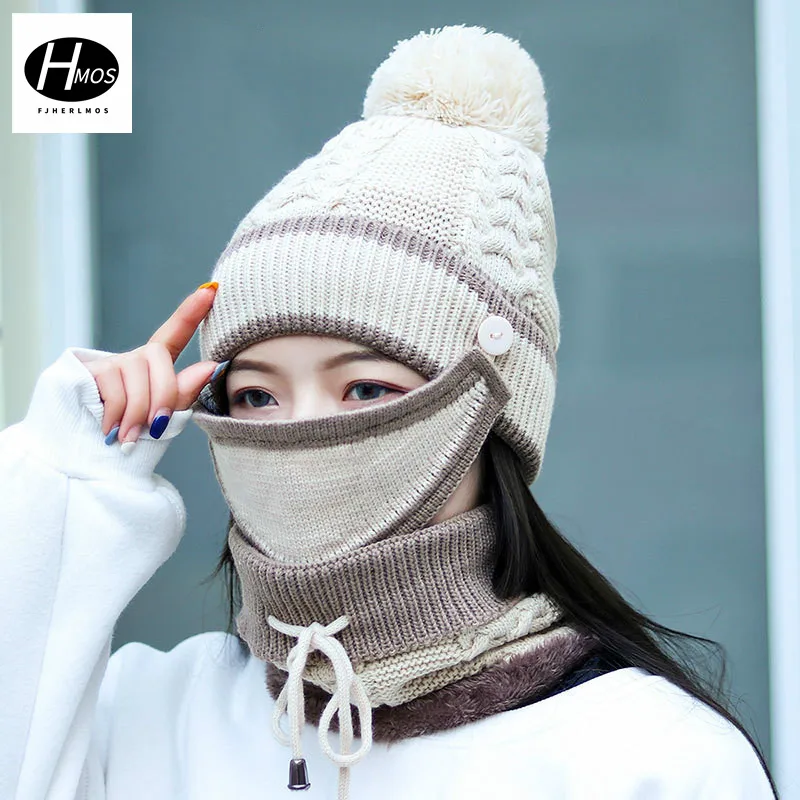 

Hat women autumn and winter season wild knitted cycling windproof warm scarf plus velvet mask wool hat suit knitted beanie