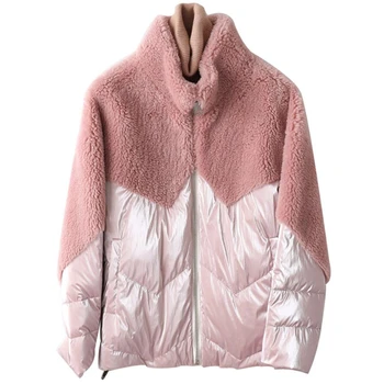 

sheep shearing overcoat female winter new Korean version wool fur stitching down jacket