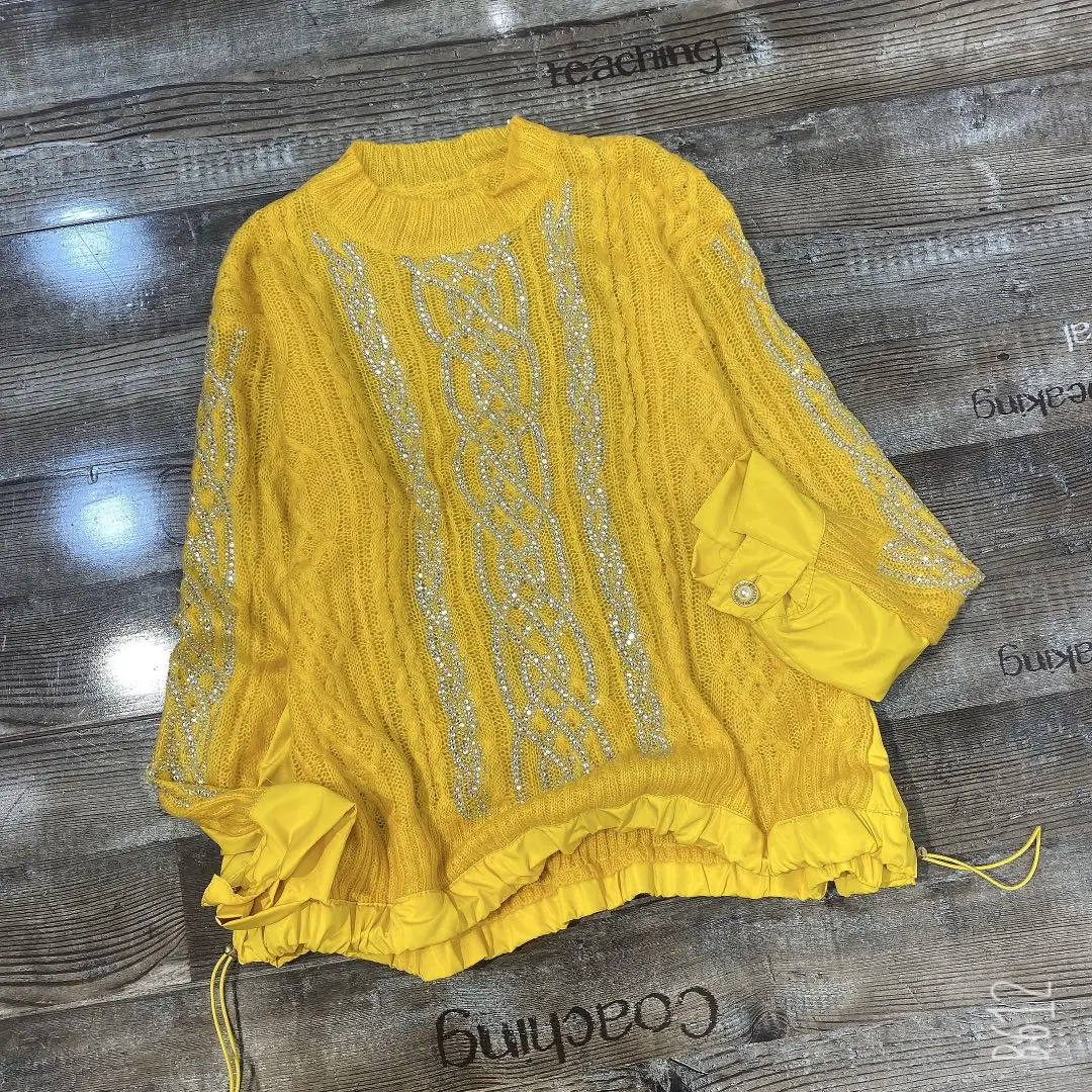 

European Style Loose Sweater Women Spring Winter Heavy Industry Diamond Under Drawstring Sweater Loose Women's Sweaters Outwears
