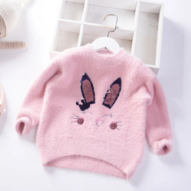 

2-7Y Girls Pullover Fashion Mink Cashmere Sweater for Baby Girls 2019 Cartoon Sequin Pattern Sweaters Kids Clothes