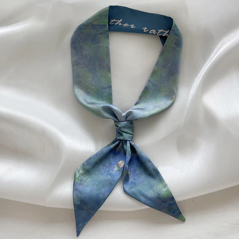 Luna&Dolphin Water Lily Oil Painting Silk Skinny Scarf Artistic Sense Tie Bag Headband Belt Wild Decorative Ribbon Waistband 3