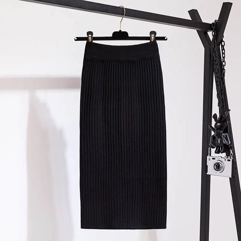Faldas mujer moda осень зима женские трикотажные юбки однотонные сексуальные длинные юбки с разрезом faldas largas mujer - Цвет: Черный