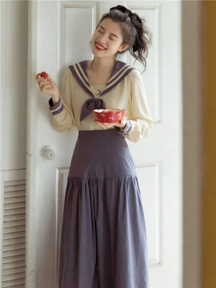 

Preppy Style Sailor Collar Women Sets Sweet Bow Long Sleeve Shirt & Maxi Skirt 2 Piece Outfits Conjunto Feminino Ensemble Femme