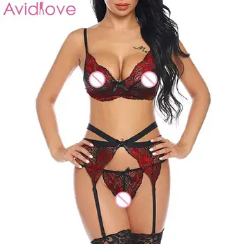 

Women New Sexy Lingerie Set Hollow Out Lace Bra Out G-string Garter Belt Spacial Night 3-piece Floral Set Slim Erotic Costumes