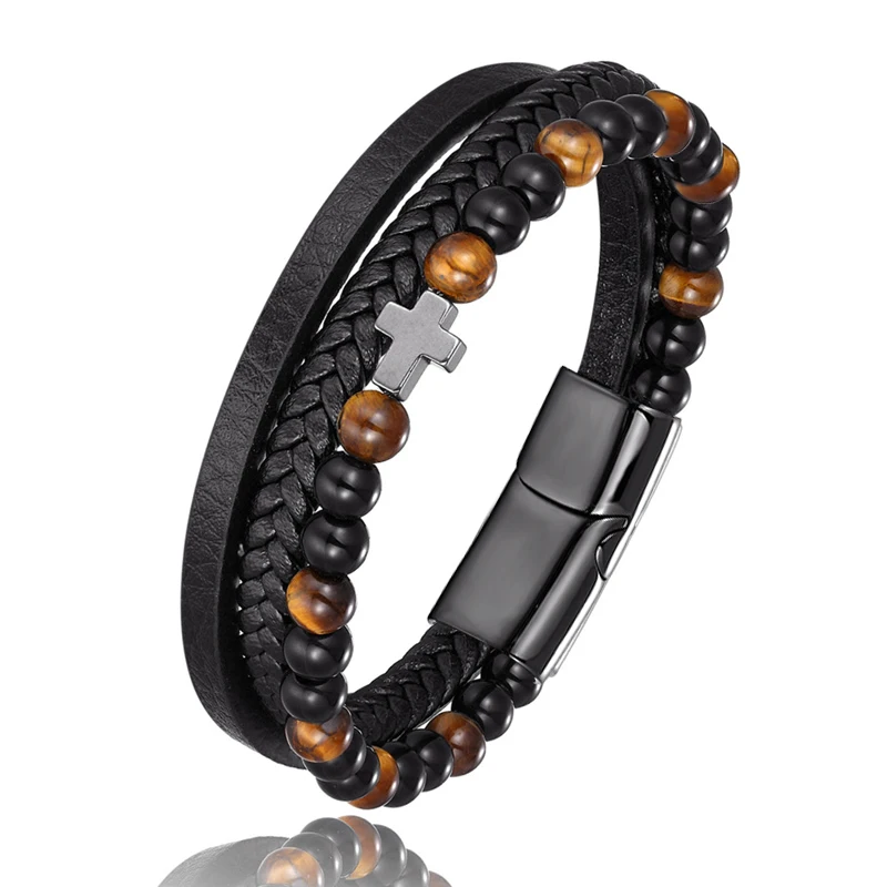 New Arrival Stainless Steel Genuine Leather Bracelet For Men's Charm 6MMNatural Stone Beaded Cross Bracelets Fashion Jewelry - Окраска металла: See figure