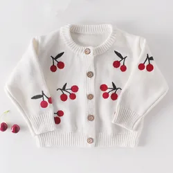 Cardigan brodé de cerises pour bébé fille, pull, manteau, veste, vêtements pour nourrissons, hiver 