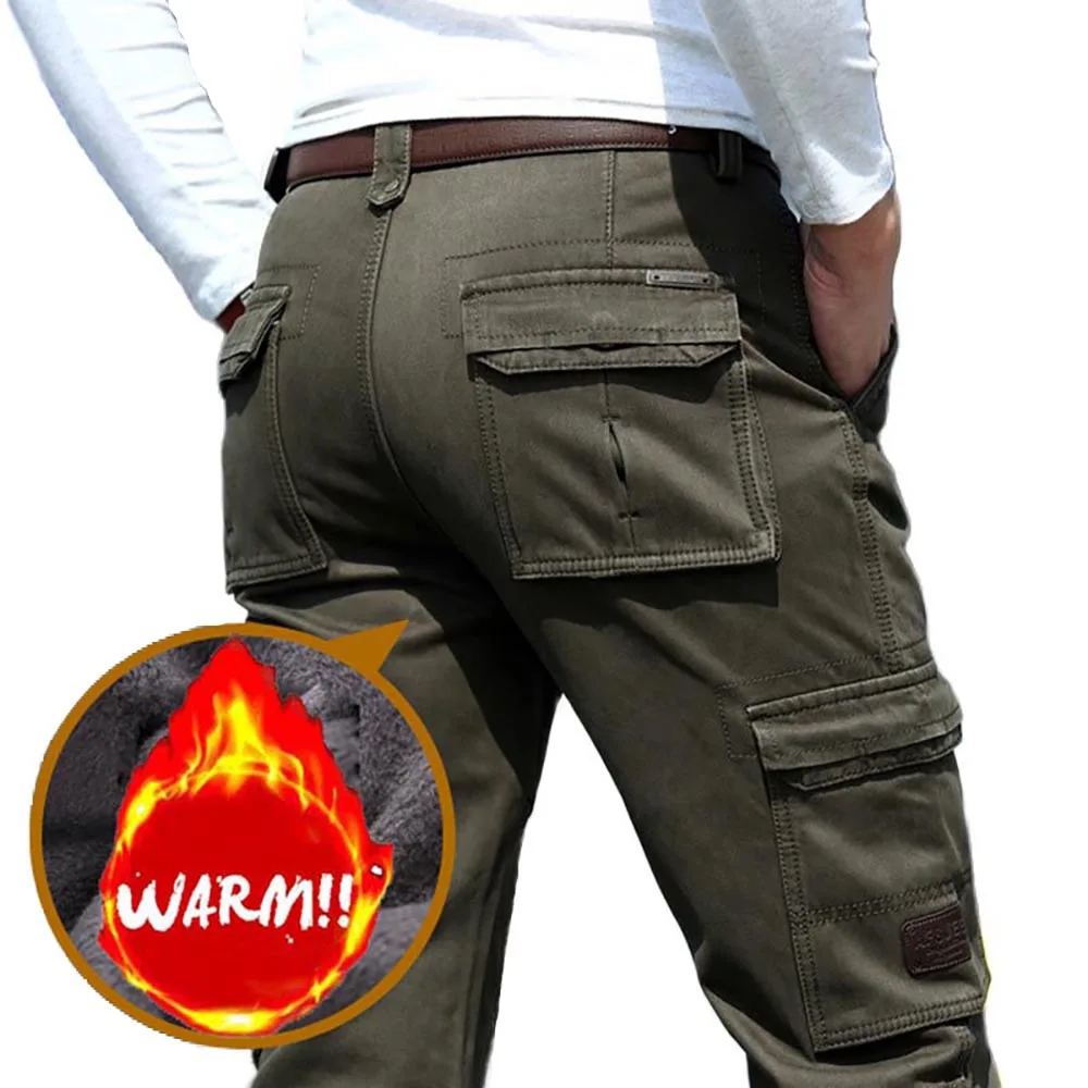 New Brand Winter Fleece Warm Cargo Pants Men Straight Loose Baggy Thick Trousers Male Casual