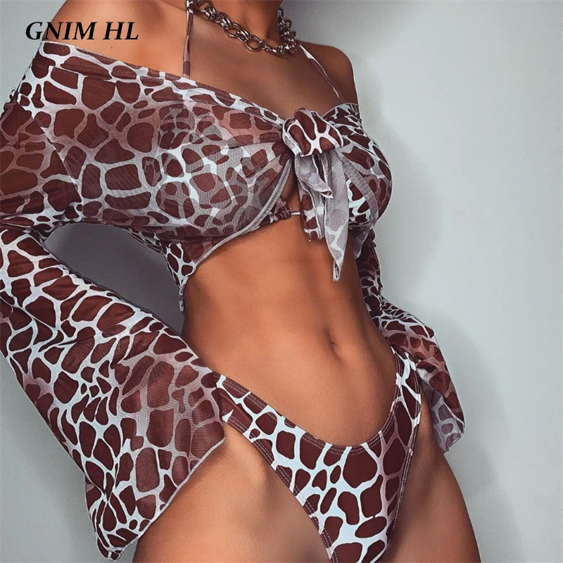 GNIM Long Sleeve Mesh Bikini Swimwear Women Three Pieces 2020 Leopard Swimsuit Female Summer Sexy Bathing Suit Brazilian Biquini swimsuits for women