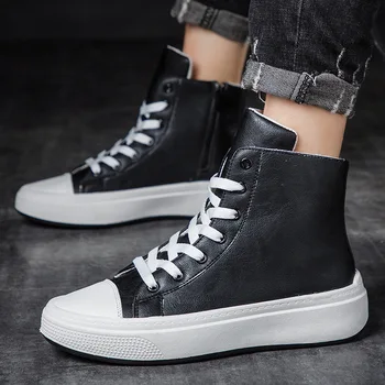 

men shoes high-top sports shoes men's new soft leather platform shoes men's lace-up high-top casual shoes