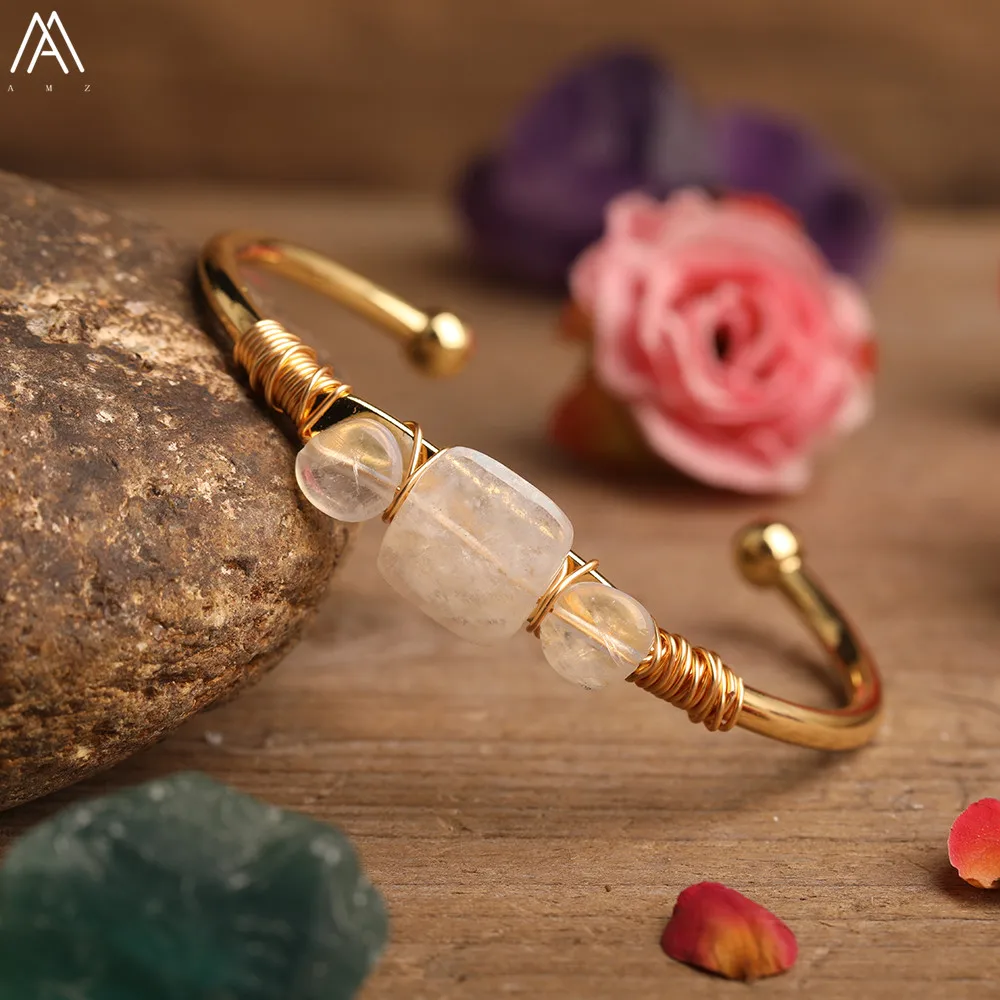 Natural Quartz Stone Beads Gold Bracelets Women Citrines Roses Quartz Chip Beads Open Cuff Bangles Bracelets Friendship Jewelry silver bangle bracelets