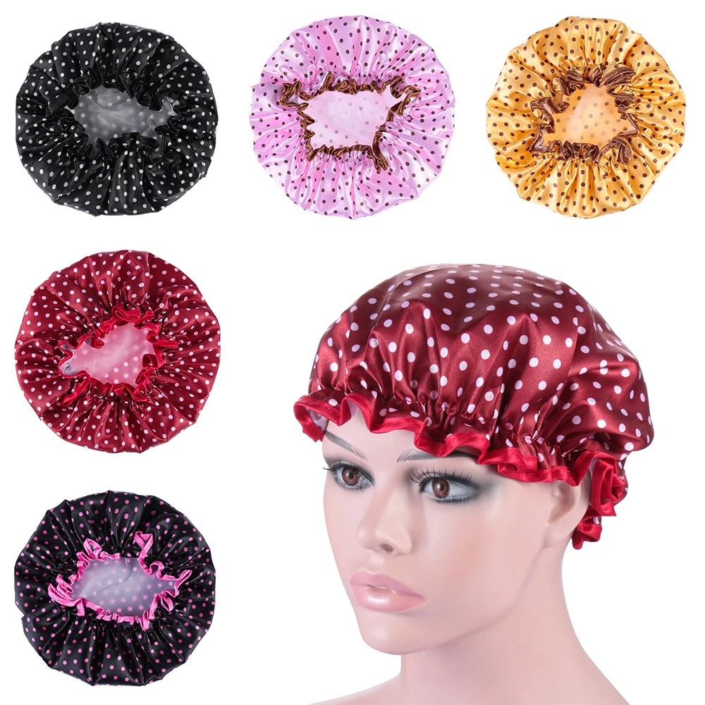 В Горошек пятнистые шапочки для душа для ванной комнаты, водонепроницаемая шапочка для ванной, двухслойная шапочка для душа, аксессуары для волос