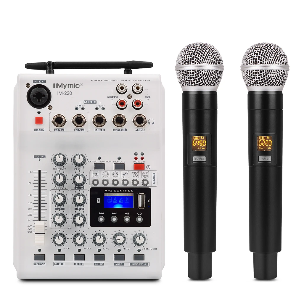 

IM-220 Audio DJ Mixer KTV Microphone Mono USB AUX Input 2 Channel Handheld UHF Wireless Microphone 48V Phantom For KTV