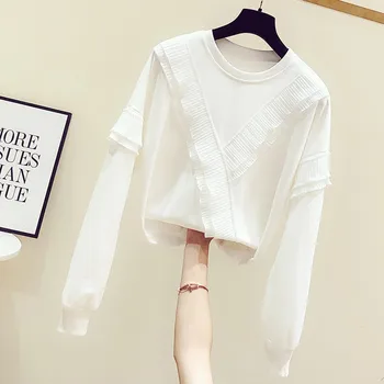 

ruffles patchwork women blouse 2020 summer new long-sleeved white lady elegant pulls tops tees top quality