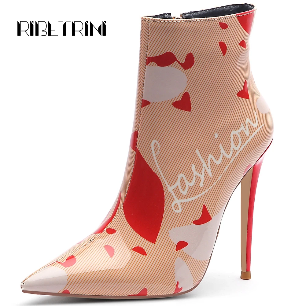 

RIBETRINI Brand Print Ankle Boots For Women Pointed Toe Shoes Women 2019 Luxury High Heels Sexy Wedding Party Women Shoes Woman