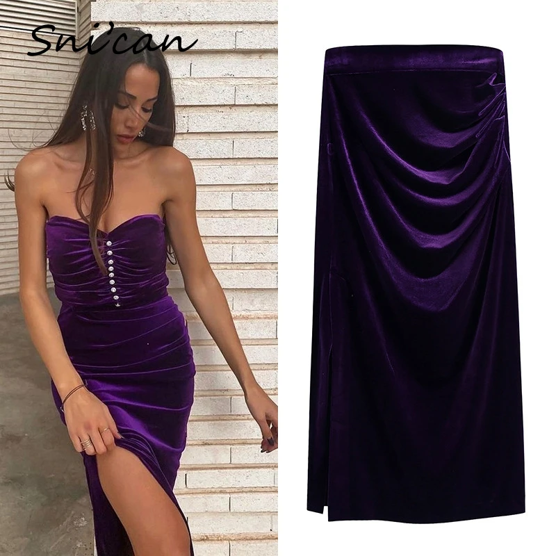

Snican Purple Velvet High Wasit Sexy Split Skirt Za 2021 Women Vintage Spring Party Jupe Longue Femme automne Hiver mujer faldas