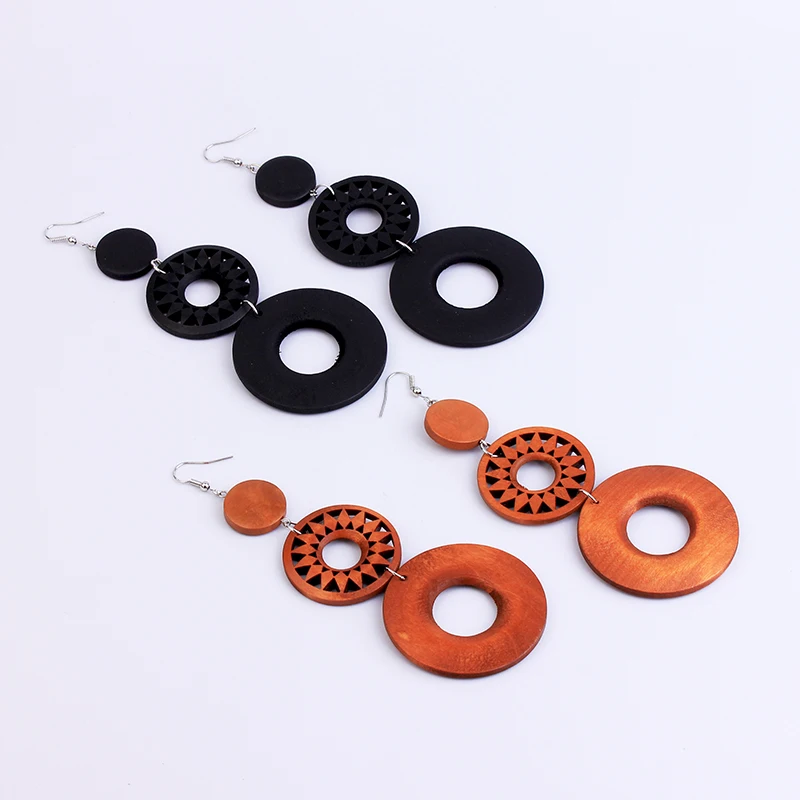 Серьги YAMEGA из натурального дерева Висячие коричневые крупные кольца длинные