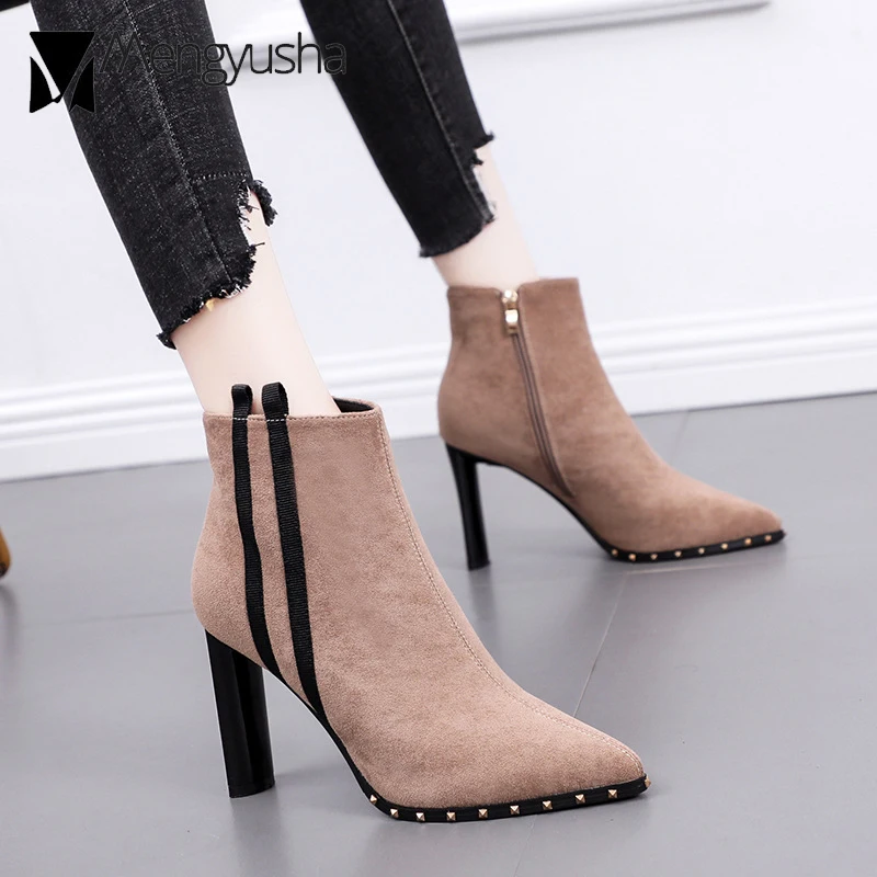 

Striped Thick High Heels Martin Boots Woman Flock Rivets Botas Winter Pointed Toe Ankle Booties Woman Studs Motorcycle Botas