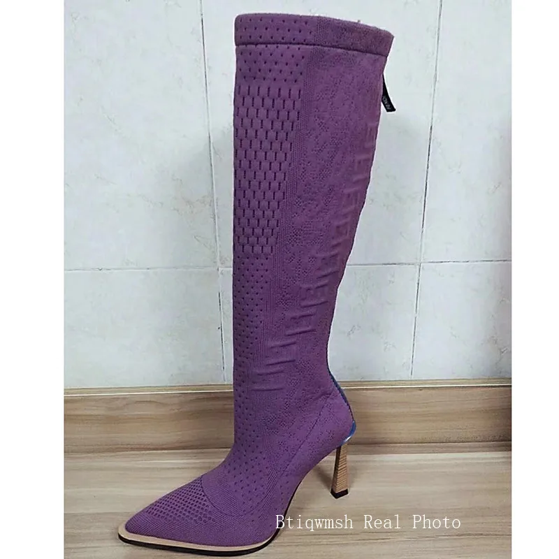 Вязаные эластичные сапоги до колена; женская обувь с острым носком и вышивкой на необычном высоком каблуке; женские эластичные ботильоны для подиума - Цвет: purple long boots
