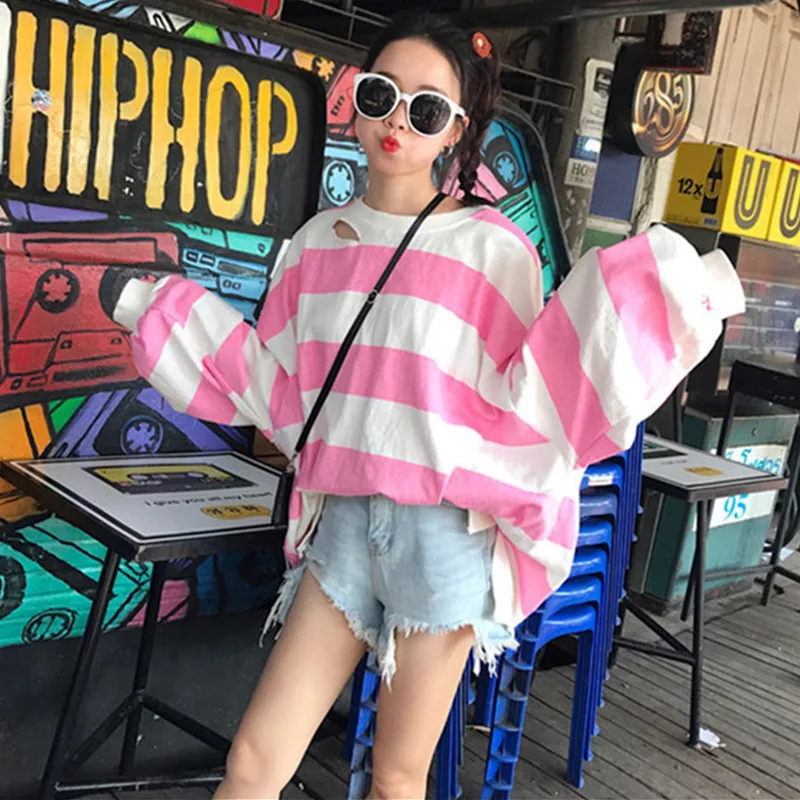 Толстовки женские Ulzzang Kawaii милые полосатые дыры корейские студенческие свободные Harajuku Весна осень тонкие модные простые женские s одежда