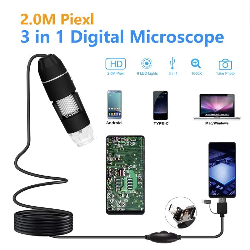 

2MP 1080p 3 in 1 USB Type-C Micro-USB 1000X Microscope Magnifier Camera Video Endoscope for android- Phone OSX Windows PC
