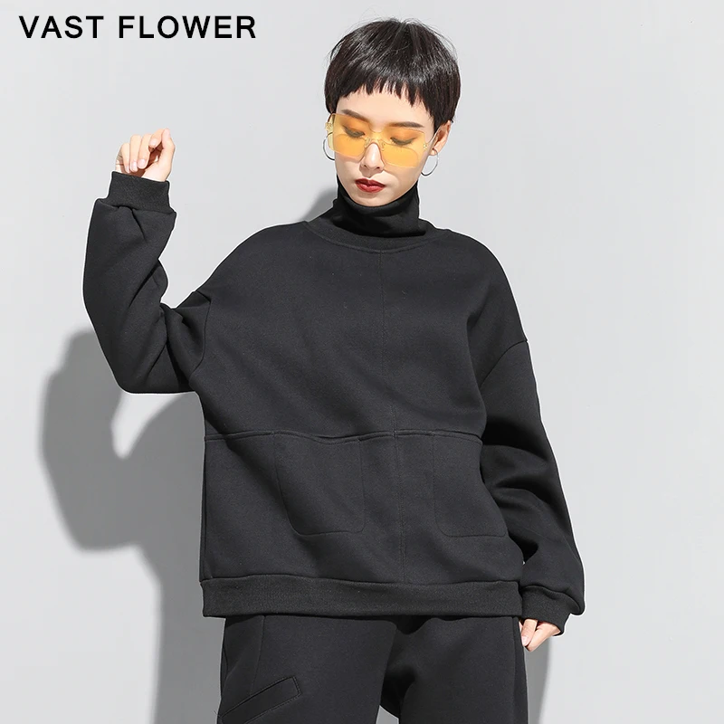 

Black Plus Size Loose Sweatshirt Women New Turtleneck Long Sleeve Thicken Pullover Clothes Pocket Fashion Autumn Winter 2021