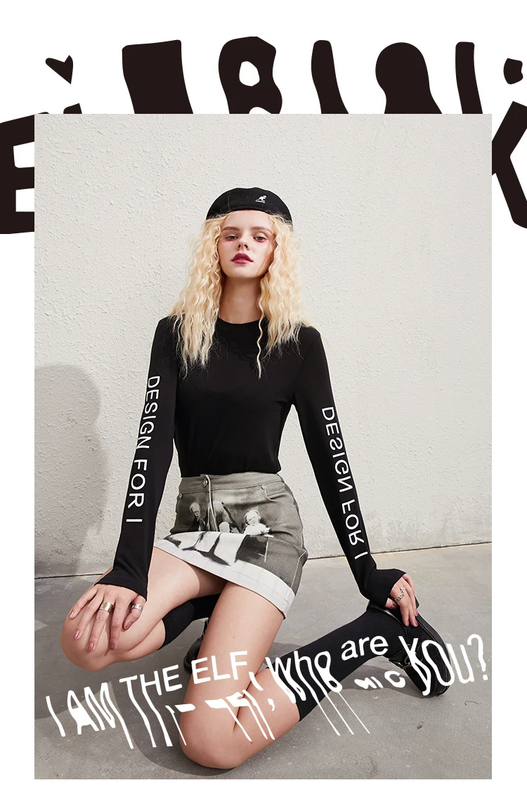 ELFSACK Harajuku Letter Print Casual T-Shirts Slim Women Top,2020 Autumn ELF Full Sleeve Korean Ladeis,Basic Daily Stylish Tops