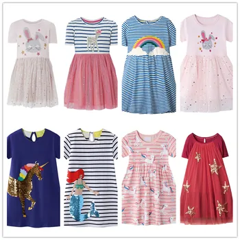 

VIDMID baby girls short sleeve dresses clothes kids striped horse clothing girls summer turnover sequins dress floral clothes