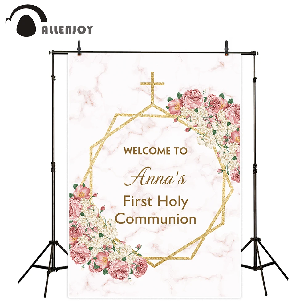 

Allenjoy First Holy Communion backdrop marble floral golden frame baby shower baptism girl Jesus God background photozone