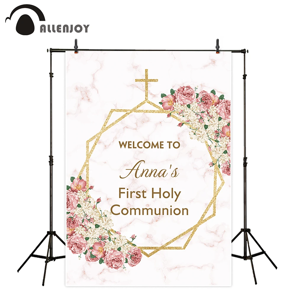 Allenjoy First Holy Communion Backdrop Marble Floral Golden Frame Baby Shower Baptism Girl Jesus God Background Photozone Background Aliexpress