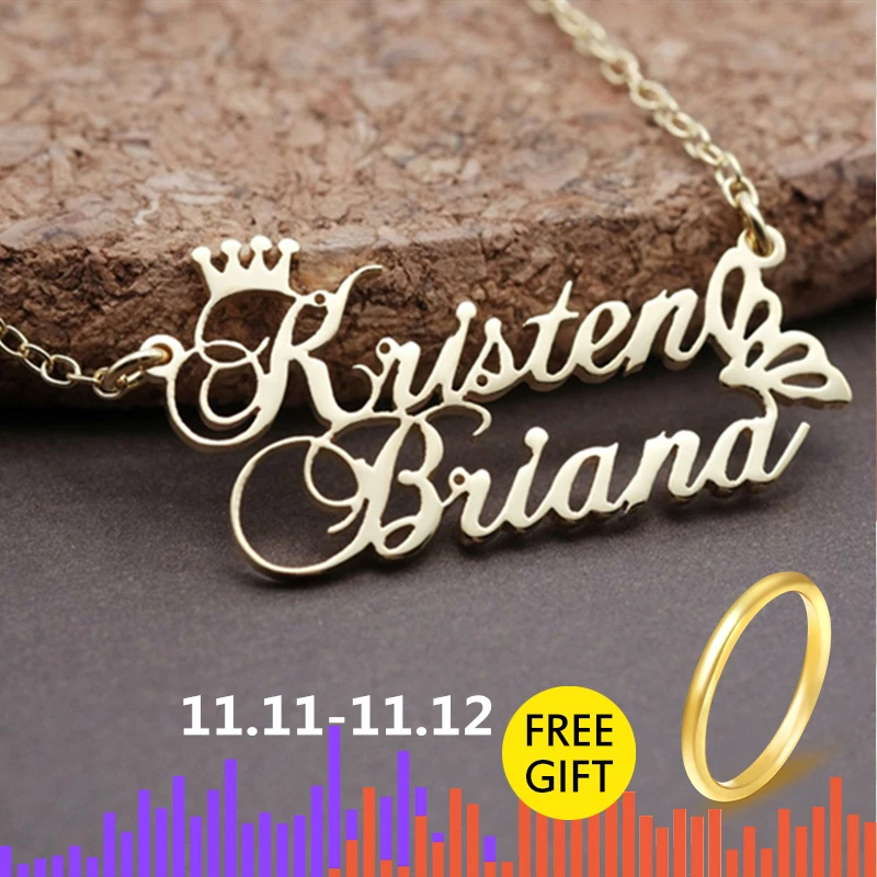 Best Custom Crown Double Name Necklace Personalized Gold Color Butterfly Pendant Necklace Stainless Steel Jewelry Gifts For Women