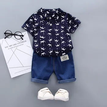 

Gentleman Boys Clothes Set Turn-down Collar Crown Printed Shirt Tops+ Denim Pants Two Piece Outfits Short Sleeve Soft Cotton New