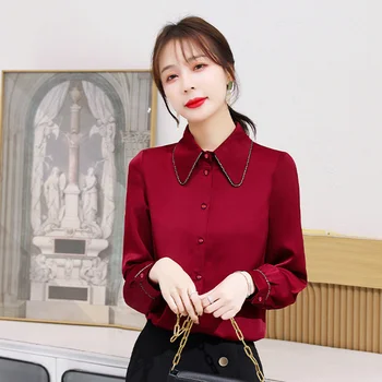 

Women's Silk Blouse Shirts Women 2020 Spring New Shirt Temperament Long Sleeve Loose Large Size Top Female Red Green Office Lady