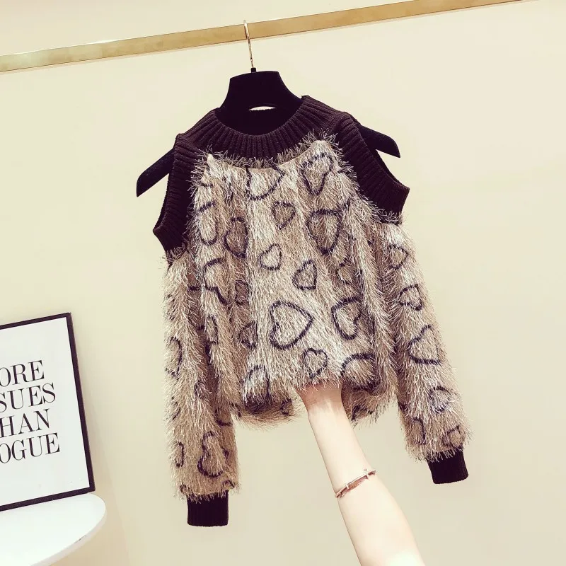 Autumn Winter Sex Off Shoulder Sweater Women Loose Knitted Shirt Korean Exposed Shoulder Fashion Leopard Tassel Jumper Sweaters