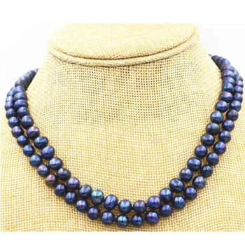

Hot Beautiful 2 row 7-8mm Black Freshwater Pearl Necklace 17-18" jj
