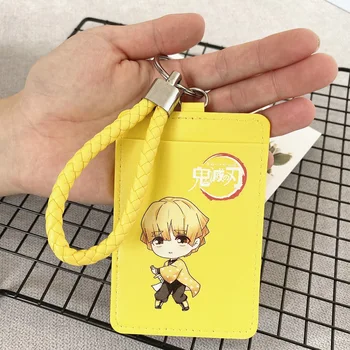 

New Anime Demon Slayer Kimetsu No Yaiba Keychain PU Leather Student Cards Holder Bus Pass Business Card Case Keyring Bag Pendant