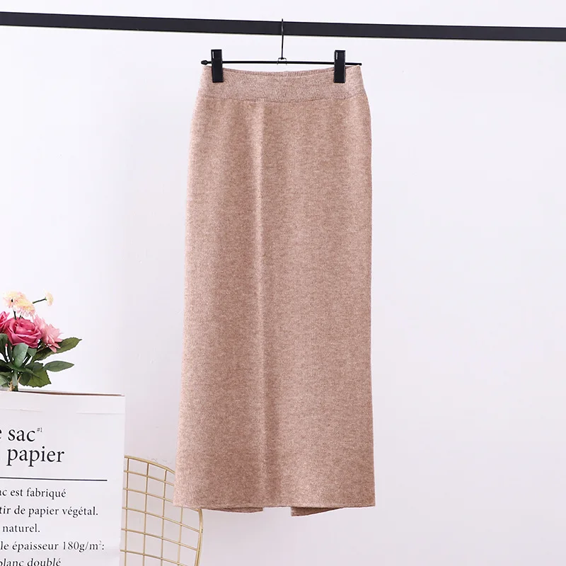 60-90CM Elastic Band Women Skirts Autumn Winter Warm Knitted Straight Skirt Ribbed Ribbed Mid-Long Skirt Black