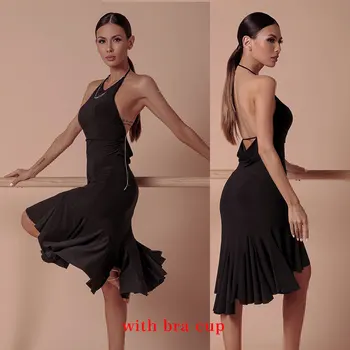 

sexy Halter Latin Dance Dresses For Women black Club Party Dancer Singer Entertainer irregular Dress With bra cup