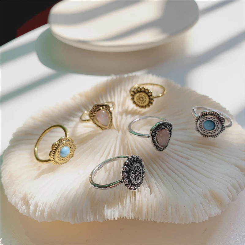 

2020 New Vintage Silver Gold 3Pcs/Set Fairy Flower Colorful Stone Metallic Fashion Finger Rings Hit Rings for Women Girl Party