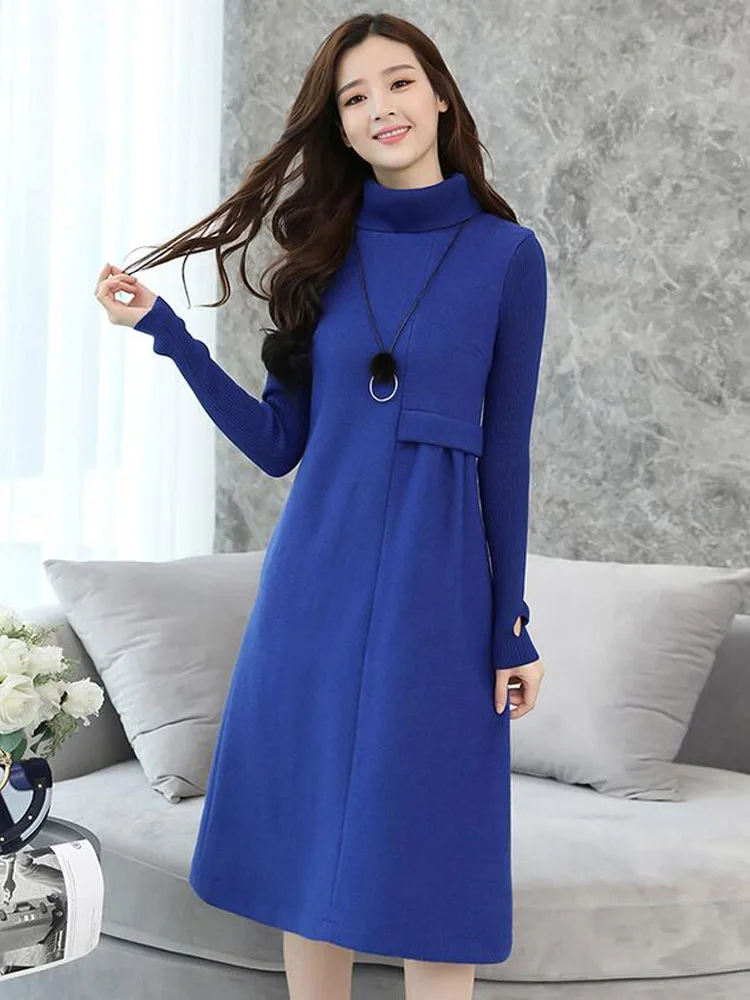 

Ladies Woolen Dress for Women Knit Long Sleeve Turtleneck Elegant A-line Dress Thick Autumn Winter Plus Size Midi Dress E441