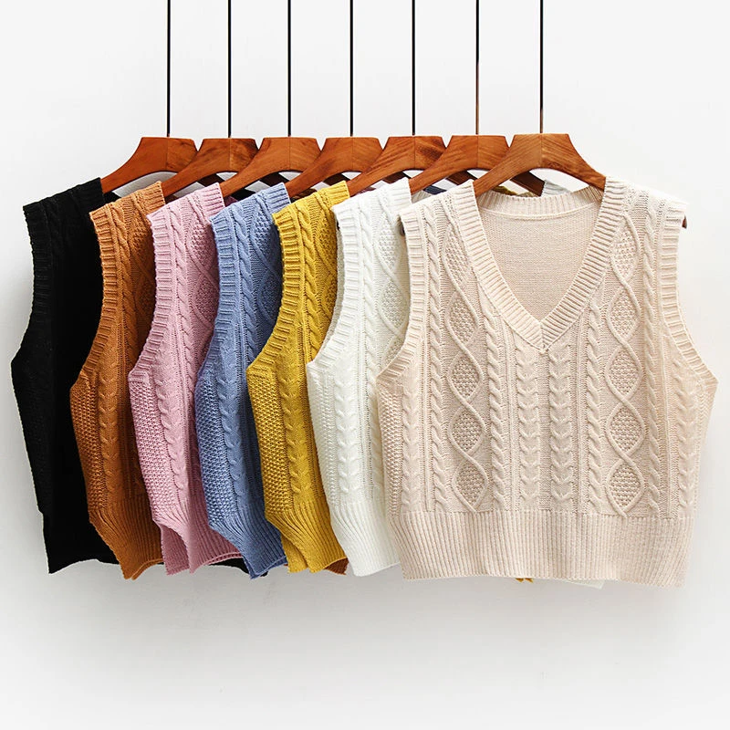 

Vest Women Solid Short Loose Trendy Korean Style Sleeveless Knitted V-Neck Sweater All-match Simple Leisure Outwear Chic