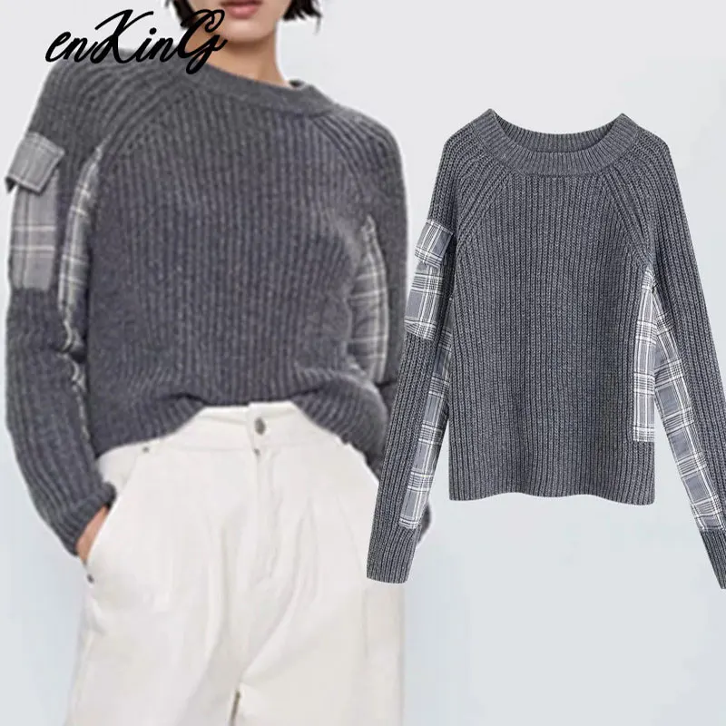 

2019 women chic spliced knitted za sweaters pocket patchwork long sleeve stretchy pullovers female casual warm tops