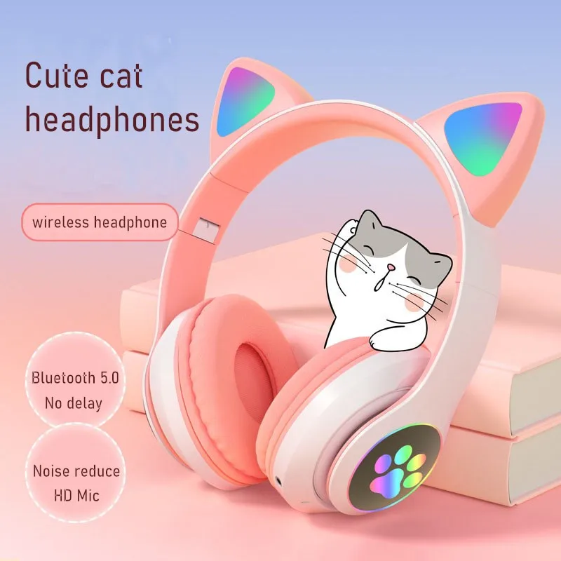 Shoumi Wireless Headphone Flash Light Cute Cat Helmet Phone HD Mic Bluetooth Headset LED Kid Girl Stereo Noise Reduce Music Gift
