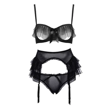 

3 Pieces Bra+panty +garter Half Cup Bra Sets Sexy Yarn Transparent Ruffles Unlined Bra and Panty Set