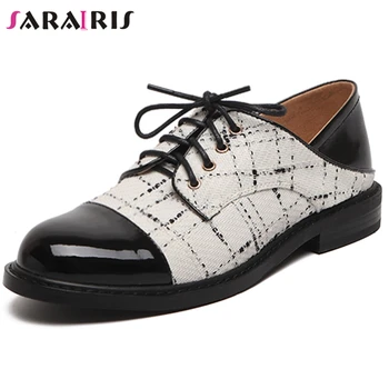 

SARAIRIS Retro Fashion Female Lace Up Mixed Colors Round Toe Patent Leatehr Flats Spring Office Flats Women Shoes Woman