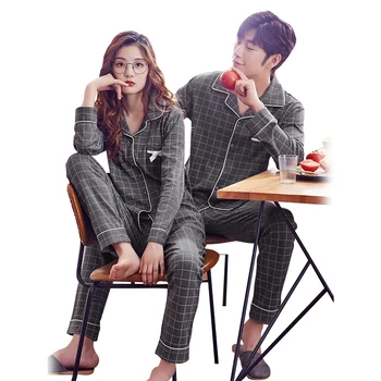 

Spring And Autumn Couple Pajama Set 100%Cotton Plaid Pajamas Men And Women Homewear Long Sleeve Sleepwear Lounge Pijama