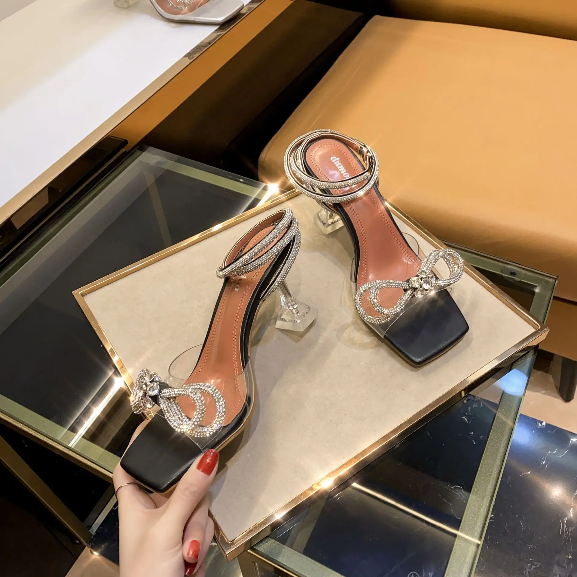 Women High Heels Open Toe Buckle Multicolored Rhinestone Square Stiletto