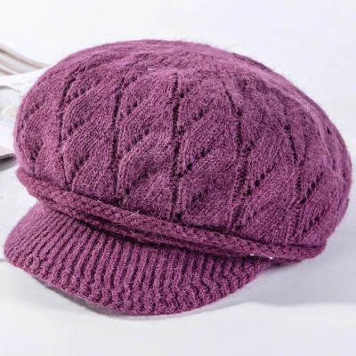 HT2605 вязаная шапка толстые теплые шапки осень/зима для женщин Женская кроличья меховая восьмиугольная кепка газетчика Женская флисовая подкладка женский берет - Цвет: Fresh Purple
