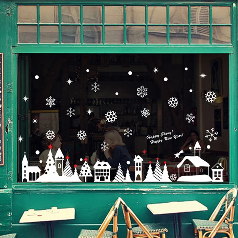

90*60cm Wallpaper New Year Window Glass Christmas Shop Decoration Wall Stickers Christmas Snowflakes Town For Xmas Home Decal