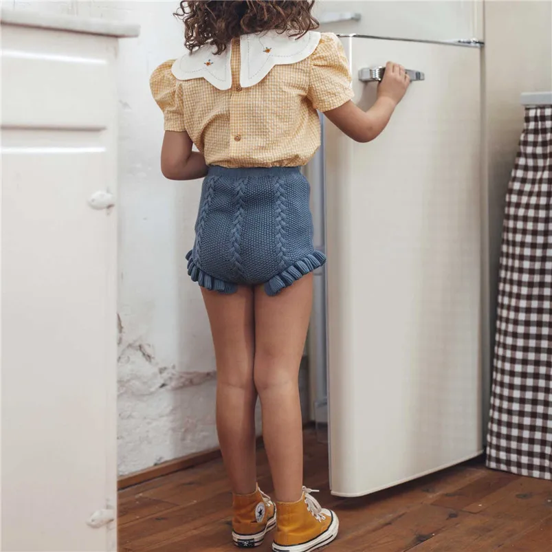 Kids Shorts Fall Kids Girl Knitting Shorts Bloomers Lattice Flower Bud Pants Toddler Princess PP Shorts Ruffle Edge