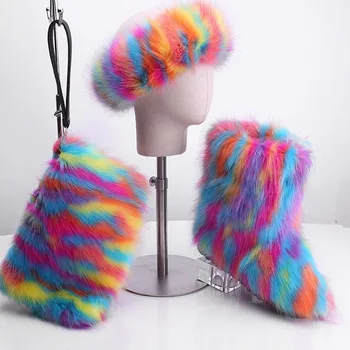 

3Pcs Womens Round Toe Fox Fur Furry Ankle Boots Warm Winter Shoes Rainbow 23Colors With Handbag and hair cover Plus Size
